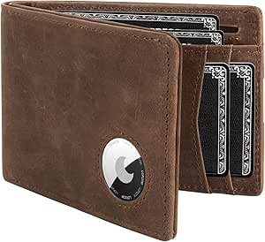 LORZOR brown leather AirTag wallet with bifold design and front tracker slot